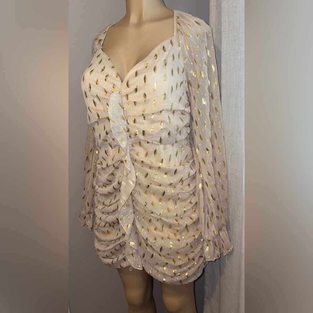 Fashion Nova White and Gold Ruched Dress